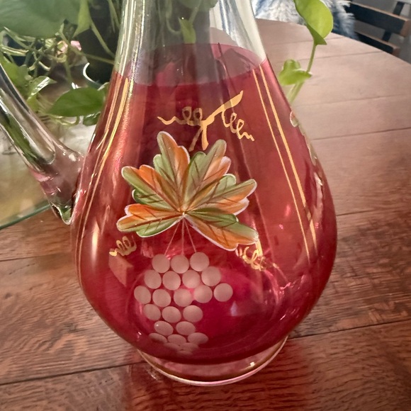 Vintage Hand-Painted Glass cranberry Decanter with Grape Design - Picture 5 of 14
